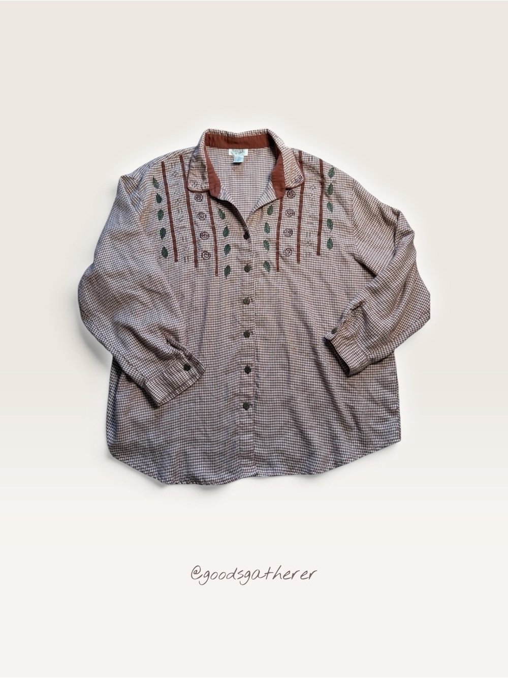 Teddi Blouse Women’s 2X Rust Gingham Embroidered Cottagecore Button Up